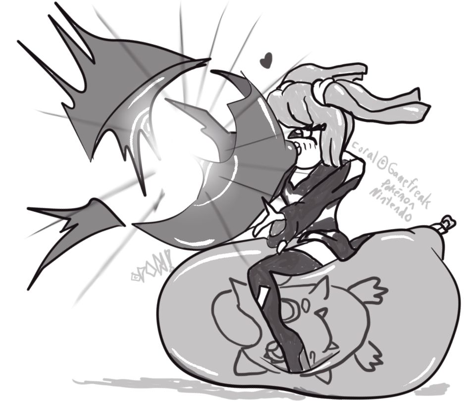 Coral/Sango from the new Pokemon anime, blowing-to-pop a balloon, while sitting on top of another balloon that has an imprint of Screamtail on it, digging her shoe into it while the other balloon goes BOOM!  This took about two hours, done in Clipstudio Paint, and I have NOT see any of the anime other than some clips, and screenshots, but darn it, I wanna see her bursting balloons.