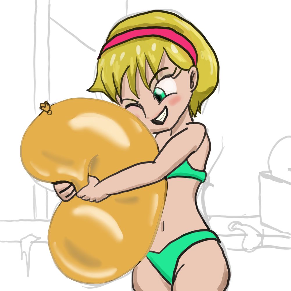 With a big grin on her face she began squeezing her orange balloon; creaking filled the air as she anticipated the loud BANG that was soon to follow.