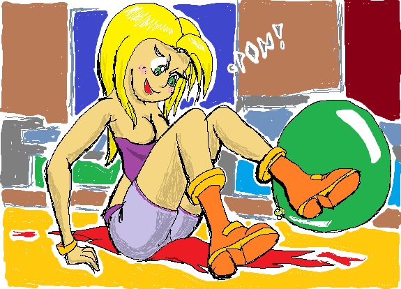 A girl just finished with her big red ball.  Her big green ball is still waiting for her (I tried a little harder with the background than what I usually do for an MS Paint sketch.).