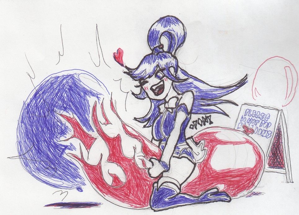 I found some pretty-good A.I. posts a little over a year ago of Aqua from Konosuba with balloons, and I felt like she would be a looner if an encounter with balloons came to pass; she seems like a girl who would love bursting balloons.