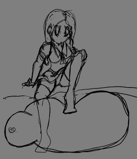 A very VERY unfinished sketch of a girl in a miniskirt school dress sitting on a bed (Or something) while stepping/stomping onto a big balloon looking down at it.