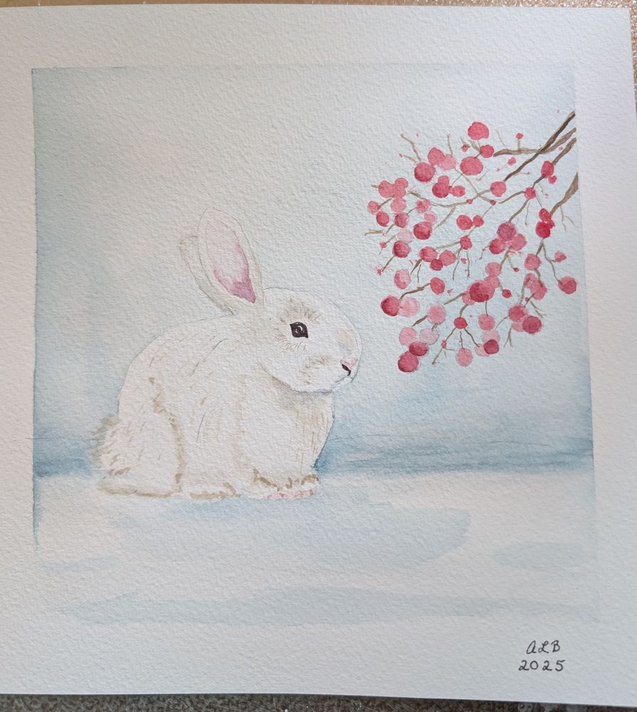 A watercolor of a rabbit in the snow.