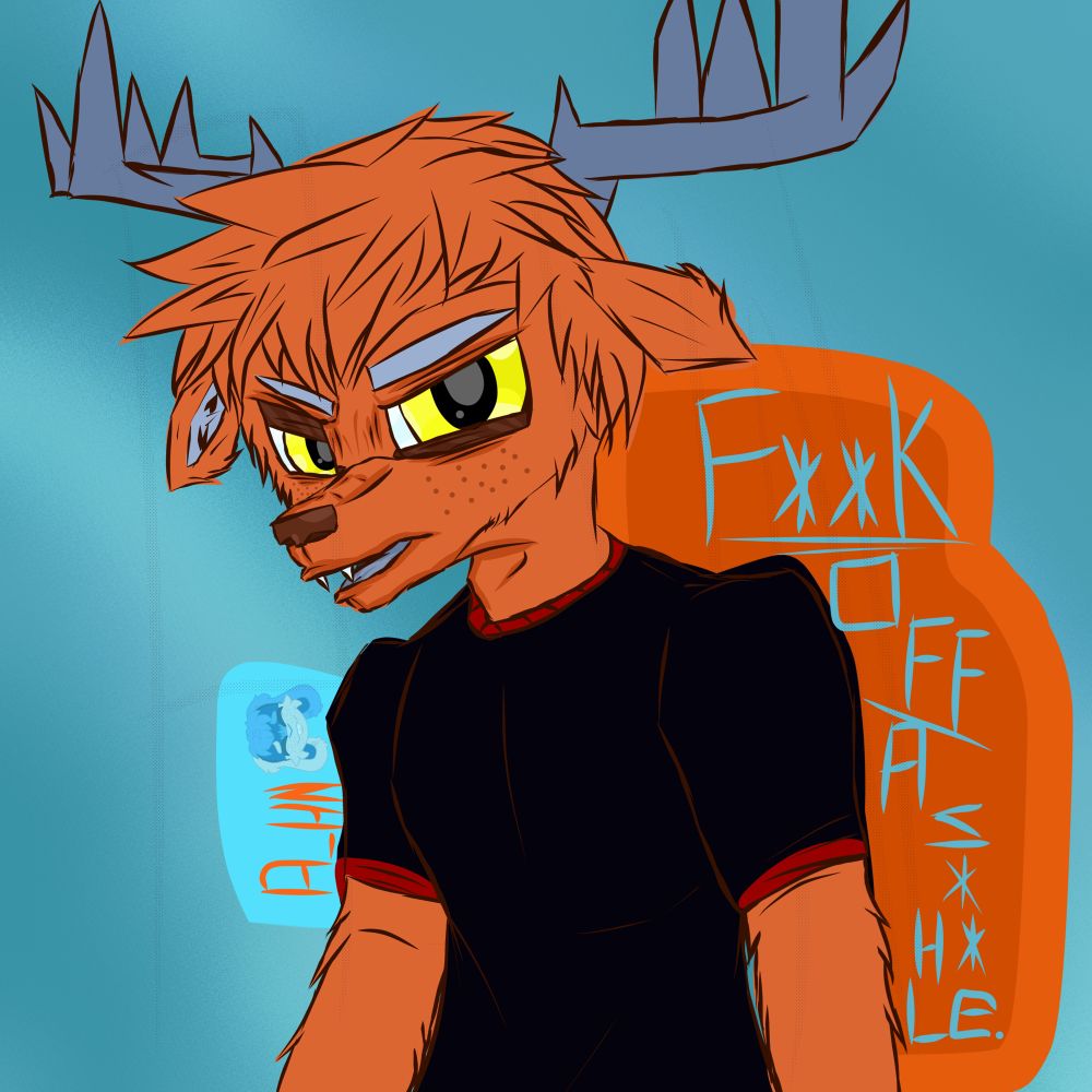 His full name is Dynan Natian.
And so far, my only deer oc!

This guy has had quite a history, he started off as a Sonic/Star Wars hybrid OC in 2022. (An Echidna/Nautolan [Star Wars alien] hybrid), I was hyper fixated on the two ips at the time so I went a little over the top lol

Dynan is the first and so far only fandom character of mine who has been reimagined as an anthro. The ocs share the same name, mostly the same colors as well as some personality traits. He’s broody, reserved and doesn’t quite trust others. 

I created the anthro version in May, 2024. Drew him only once then tried selling him for art and even for free. After months of no-one wanting him, I started to feel bad. I ended up putting him out of sale and kept him.

He’s in his 20s. (Like most my OCs 😭) 


