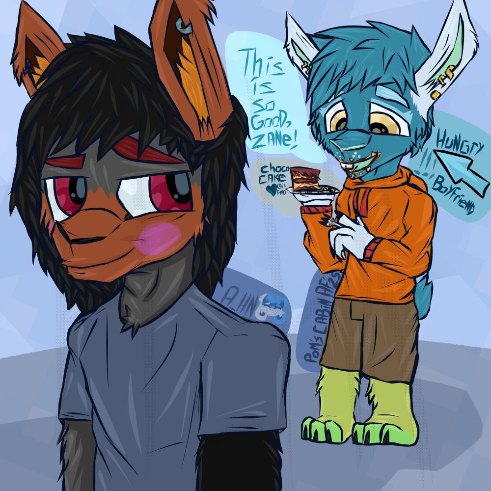 Drawn August 13th, more art between these two. This was the second attack from the Discord server AF I’m in.

Doing this full body without references was certainly a little challenging, I think it didn’t turn out too bad though! 

The idea for the art came out of nowhere while drawing 

Zane knows how to bake and is learning how to cook. Of course, he makes his boyfriend chocolate cake every now and then as a surprise. It’s one of his favorite foods after all! 🫶