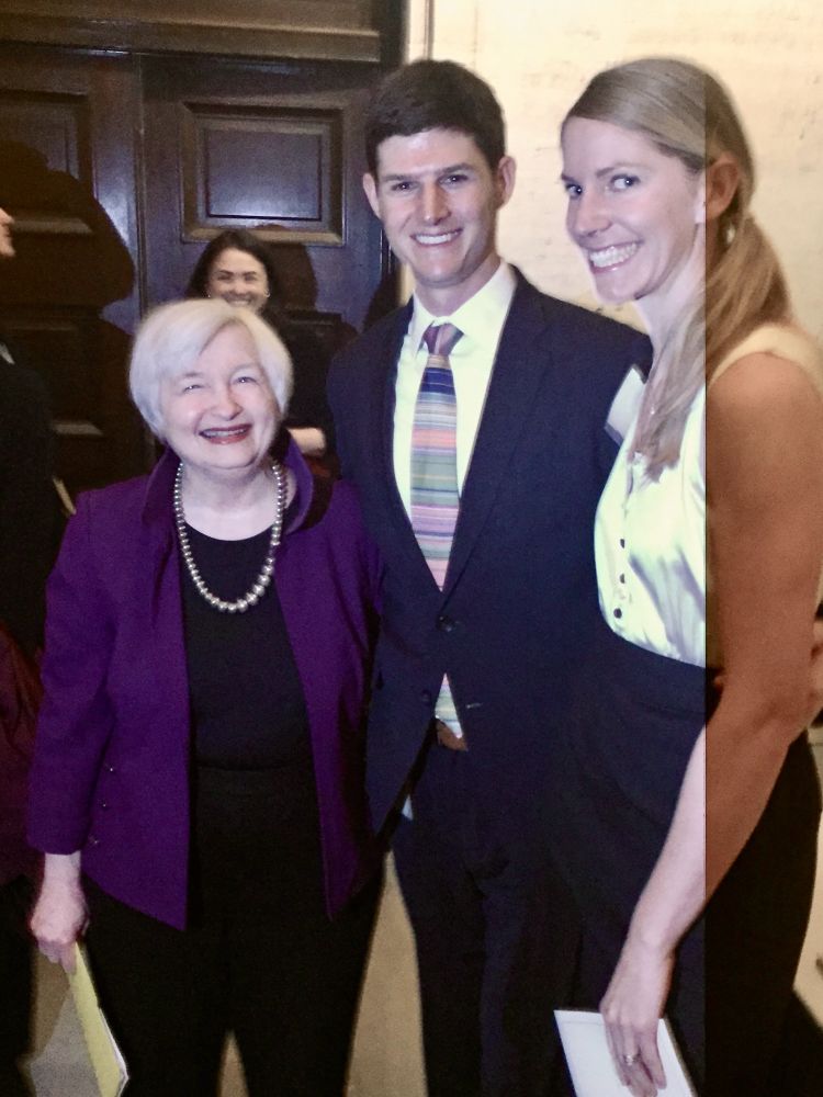 Chris seemingly towering over the towering Janet Yellen
