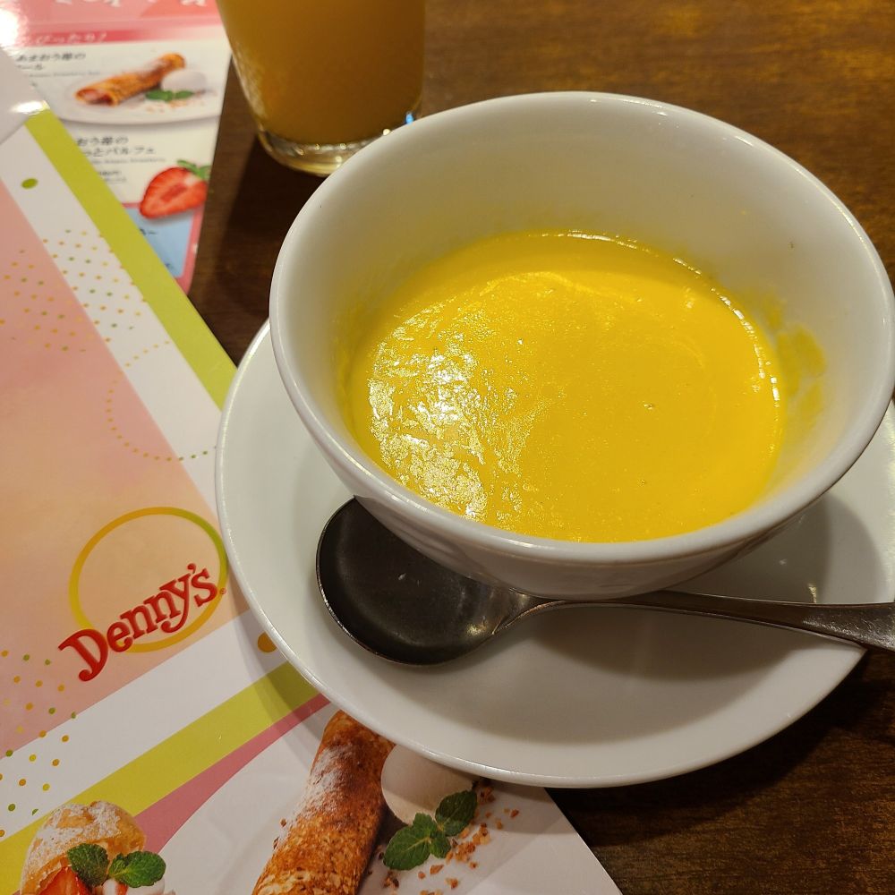 A bowl of warm corn soup at a Denny's in Japan