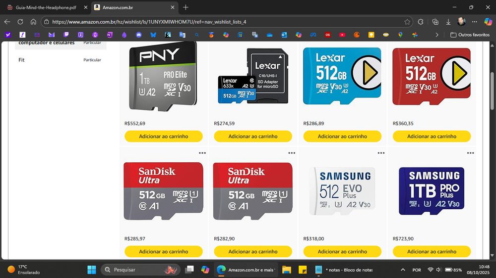 Cartões de memóra na wishlist Amazon, preços em 04 de novembro