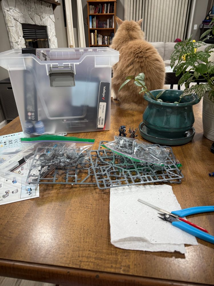 A workspace with Warhammer minis, two finished and one large one unfinished and in parts. A cat in the background. 