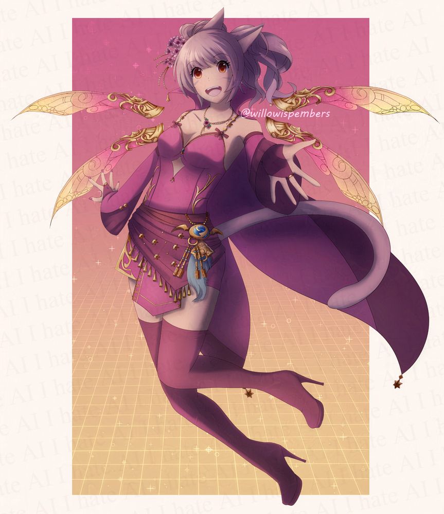 An image of a character from the game Final Fantasy XIV. She has purple hair in two pigtails, and a purple tail and cat ears. She is wearing a pink top with detached sleeves, with a dark pink wrap around her waist. There are two long tassels that look like a cape coming from the back of her outfit. She has thigh high dark pink boots. There are four fairy/bug like wings coming out from the back, and they are pink fading into a light yellow towards the ends. The background is the same gradient of pink and yellow.