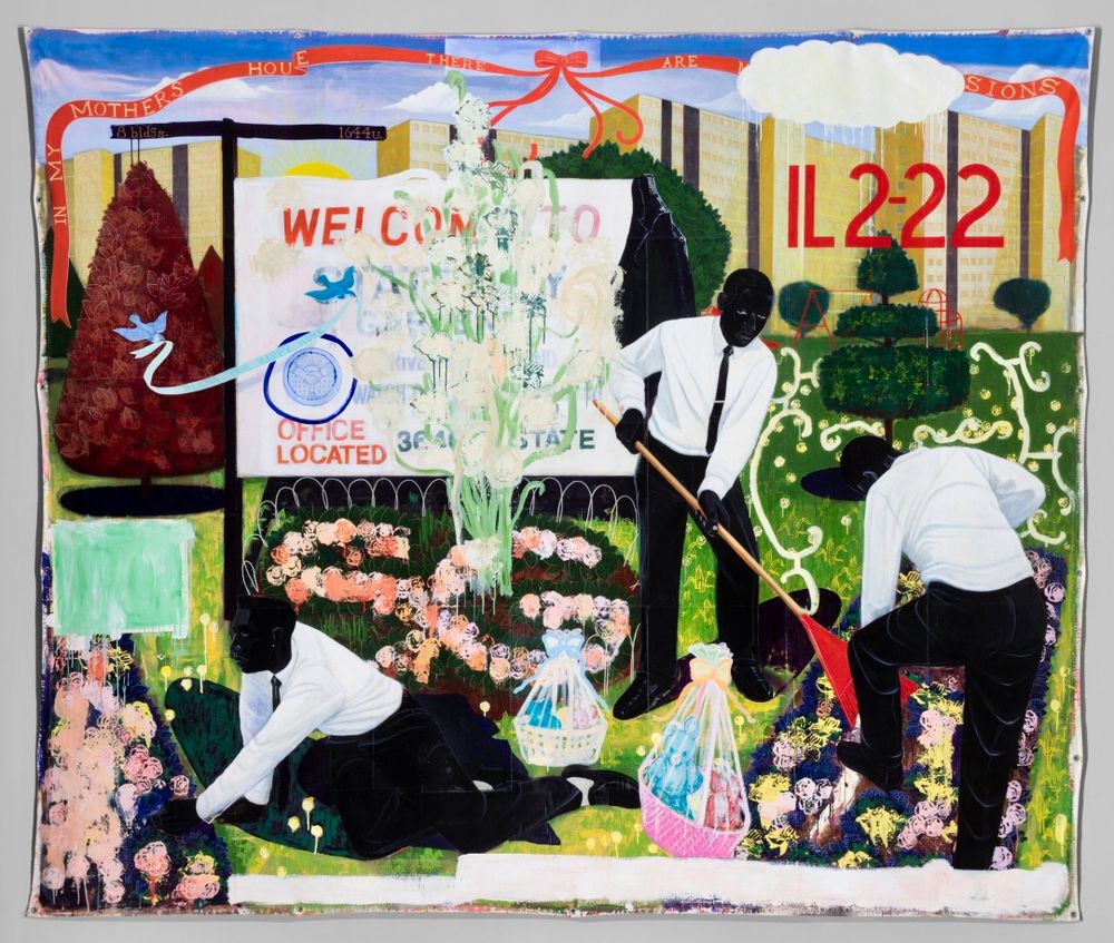 Many Mansions Date:
1994
Artist:
Kerry James Marshall
American, born 1955
ABOUT THIS ARTWORK
Many Mansions is the first in Kerry James Marshall’s series of five large-scale paintings depicting public housing projects in Chicago and Los Angeles such as Rockwell Gardens, Wentworth Gardens, or, as in Many Mansions, Stateway Gardens. Struck by the absurdity of the term “garden” to describe these failed solutions to low-income housing, Marshall was inspired to represent the profound contradictions of living in such an environment. Many Mansions is filled with ironic and startling juxtapositions of the real and artificial—from the unnaturally cheerful landscape to the three haunting, ebony-skinned figures dressed in nostalgic Sunday best. The title of the painting, visible on the red ribbon above, is a variation on Christ’s oft-quoted remark found in John [14:2]: “In my Father’s house there are many mansions.”