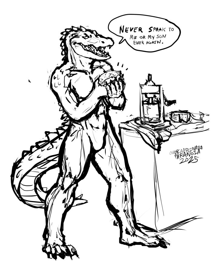 gator man gently holds cheese with cheesemaking stuf on a table behind him, he says 'never speak to me or my son ever again'