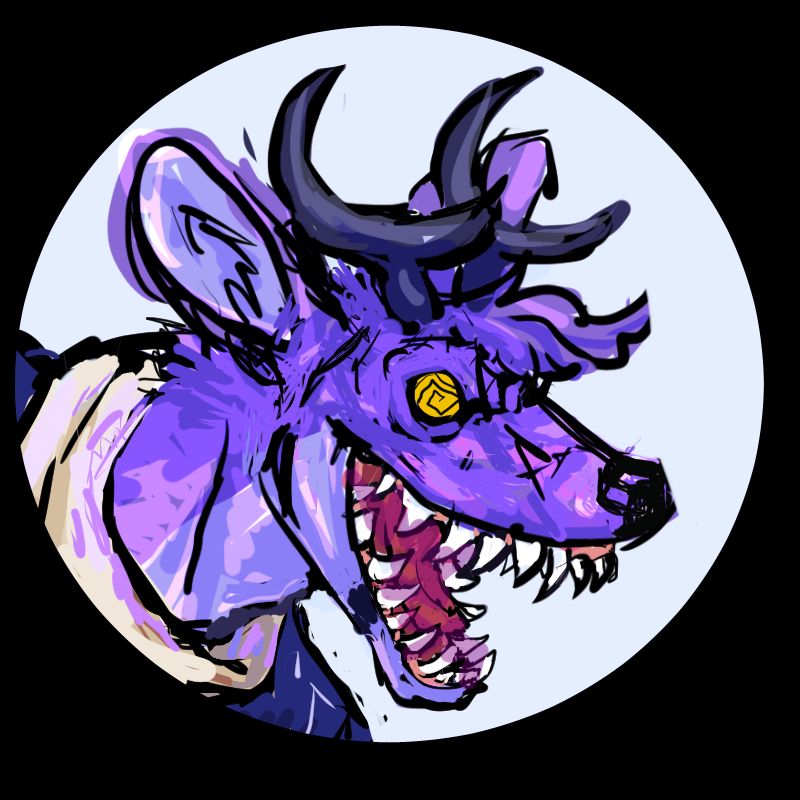 scratchy spiral eyed purple deer man with a huge mouth filled with pointy teeth. but its cropped as a circle around his head.