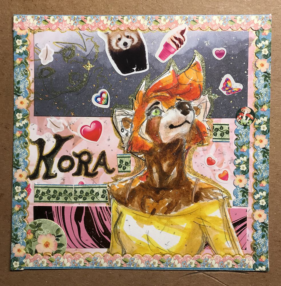 mixed media image with scrapbook paper and border around it with flowers, the name 'kora' and lots of hearts and flowers and sparkles, with a photorealistic red panda and the main character in the middle is an anthro red panda looking upwards