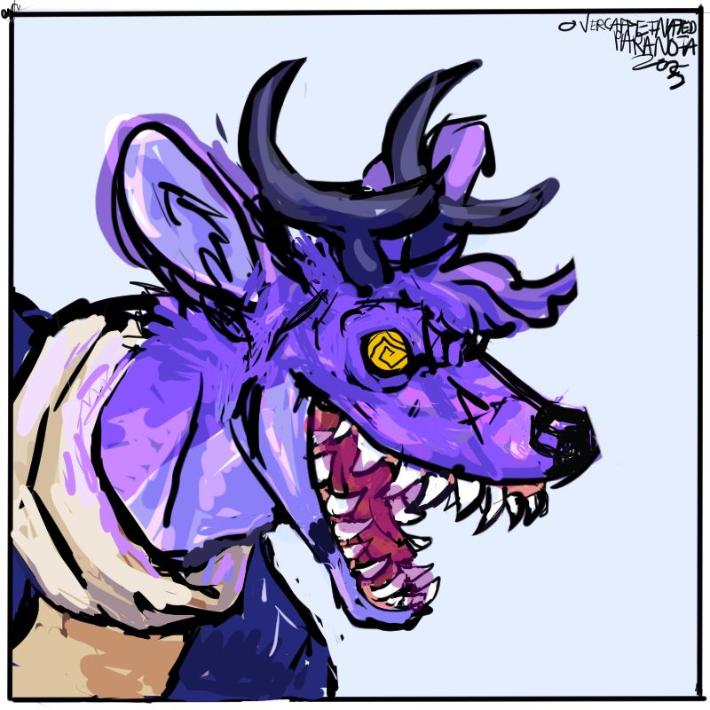 scratchy spiral eyed purple deer man with a huge mouth filled with pointy teeth.