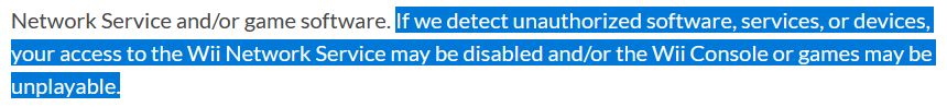 Part of the Wii's EULA. (Source: https://en-americas-support.nintendo.com/app/answers/detail/a_id/48062/~/wii%3A-user-agreement)