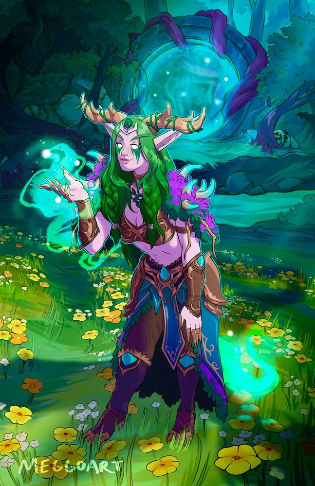 Fem green dragon in the guise of a Druidy green haired night elf, she has large horns and is wearing green/blue/purple leather color mog pieces from 10.2 outdoor set, she is standing in the emerald dreamway among yellow flowers, in the distance there is a portal to somewhere nelfy