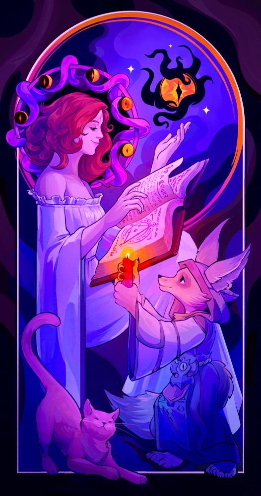Three figures in a narrow composition that echoes devotional imagery, at the top Faygia sits in a white nightgown with long sleeves, holding a spellbook. around her head is a nimbus of eyes and tentacles. The eyes have a shadow over them progressing like the cycle of the moon. A large eye floats in front of her, which Fay gestures to like she is conjuring. Lower in the image, Kana the Vulpera is dressed in cultist robes and holds up a red candle. Lowest on the image, Nugget the cat stretches and arches up her tail. 