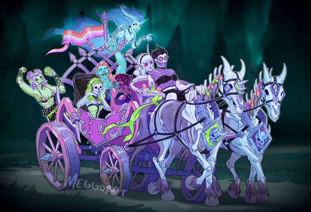 forsaken carriage full of forsaken with also a dark ranger, orc Dk and banshee all dressed goth and alt, pulled by two skeletal horses that have forsaken decorations on them 