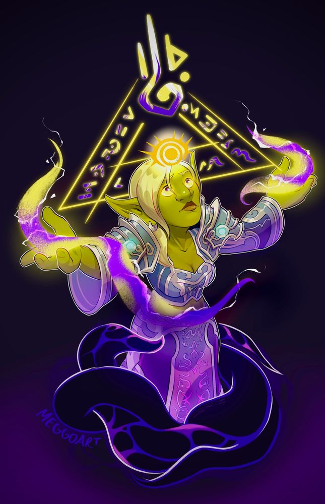 goblin disc priest channeling light and void, she has dark tendrils below her and light runes above in a glowing triangle lockup 