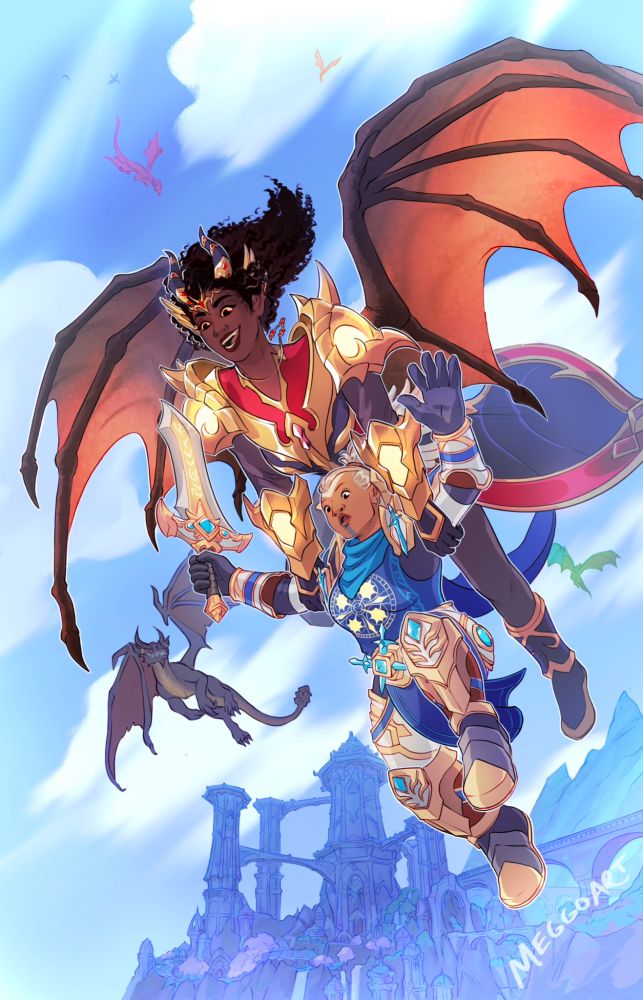 Dracthyr in visage form with wings gliding through the sky near Valdrakken, holding a nervous looking wildhammer dwarf below her as they fly. Behind them, various colors of dragons are also flying in the sky, the most prominent of which is Wrathion, who looks amused 