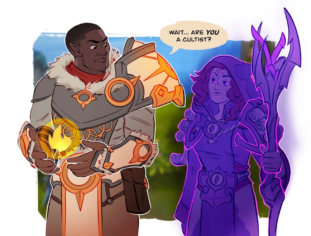 Lamplighter Kaerter and Spreist Faygia (Both humans), kaerter is asking her “wait… are you a cultist?”