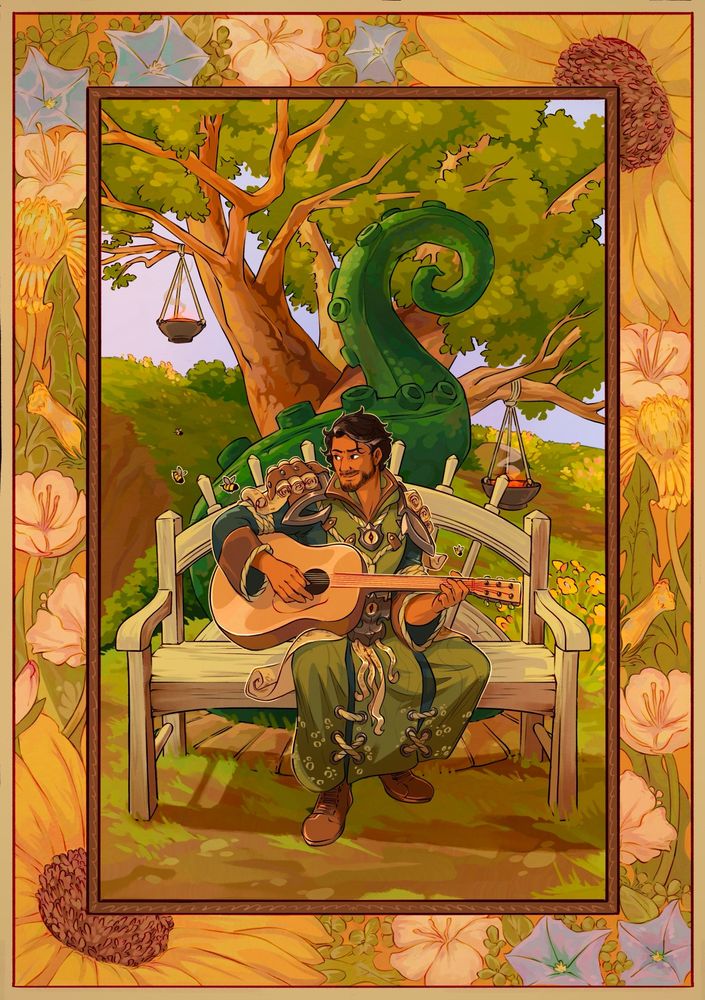 Brother Worth in tidesage robes sitting on a bench below a tree at Gale’s Rest, he holds a guitar and is looking at bees. The lighting is warm and the piece has a floral border. 