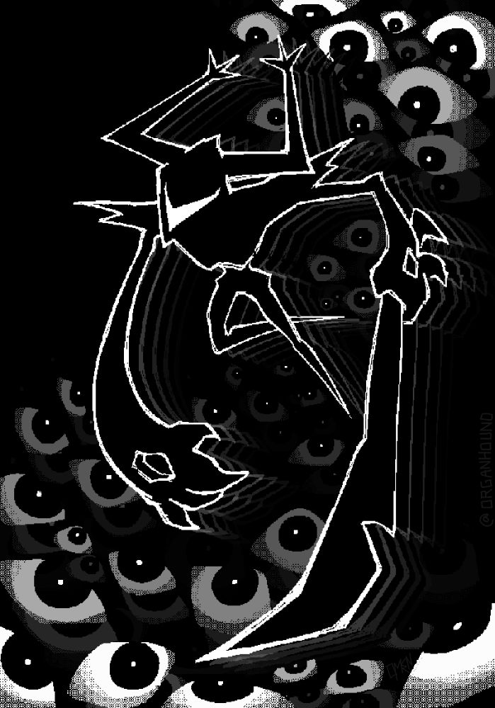 pixel illustration of the roaring knight from deltarune. they're holding a sword and are surrounded by a whirlpool of eyes
