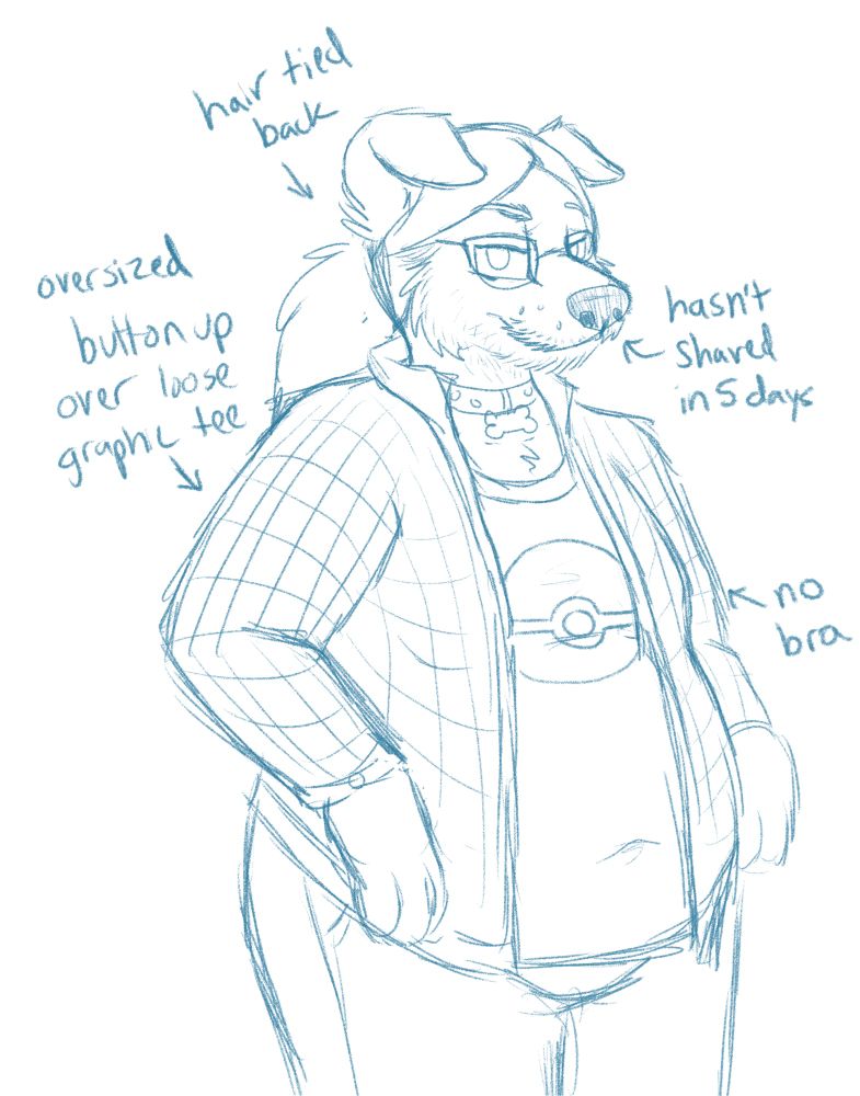 A sketch of masc Azure, implied to be just a few days after the femme Azure doodle, with no real major physical changes. They look decidedly more confident here, looking directly at the viewer with a little smirk. Their ears are flopped over and their hair is tied back for a more masculine appearance. Additionally, they have a bit of cute scruffy stubble due to not having shaved for a few days (they’re AFAB, but hormone imbalances over many years gave them a bit of facial hair). To help their silhouette look more masculine, they’re wearing an oversized open button up over a graphic tee, with no bra underneath. Because they’re plus size to begin with and have a very modest chest, the lack of support leaves their chest looking more like moobs than boobs.