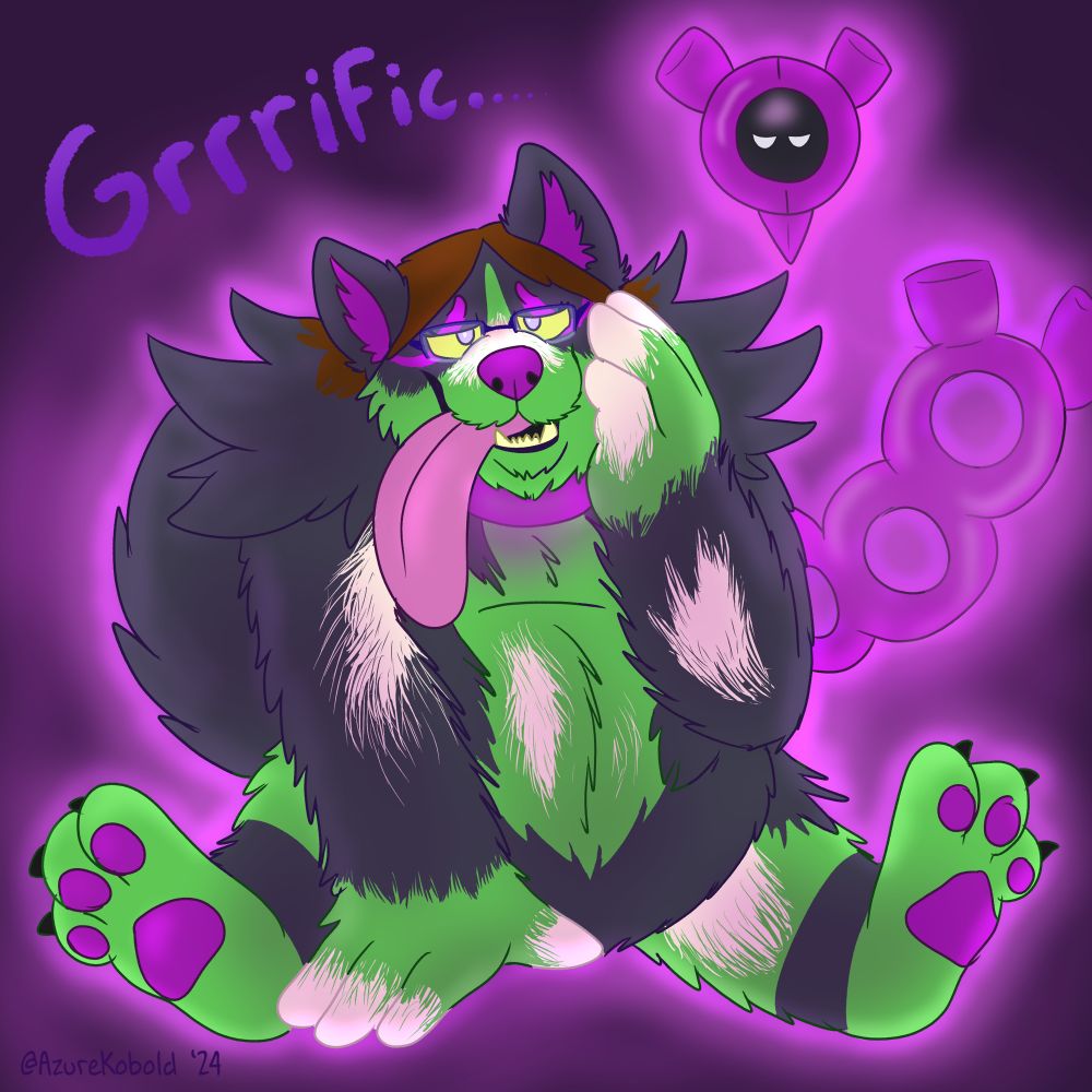 A fully rendered digital art piece depicting a human woman transforming into Okidogi, a monstrous, doglike black and green male pokemon. They are touching their face with a slack-jawed expression, long tongue hanging out with their eyes glowing. They are glowing purple with transformative magic, and saying “grrrrific…” (a noise Okidogi makes in the games). Behind them, Pecharunt, another pokemon, floats and glows menacingly, implying that it is to blame for this transformation, and expects to use the newly-transformed Okidogi to do its dirty work.