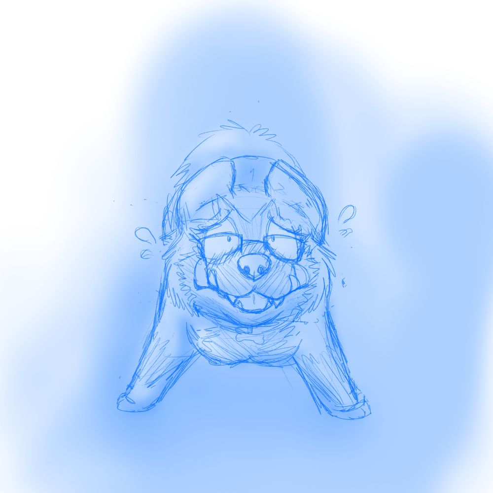 Sketch of the viewer looking down at a scared looking poochyena. She’s wearing glasses and looking up at the viewer, whose shadow indicates that they have a pokeball ready to catch her with. While not explicitly shown here, this is implied to be a post-transformation image.