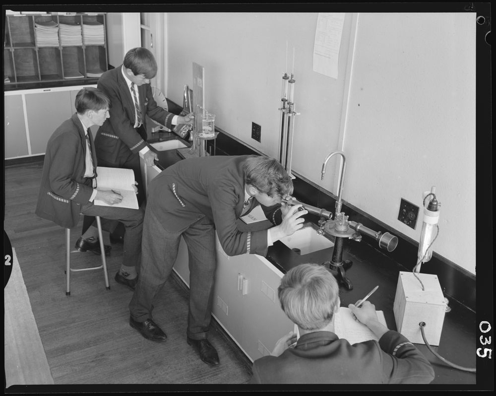 male students in the science lab at school