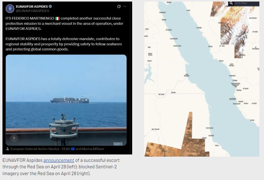 EUNAVFOR Aspides announcement of a successful escort through the Red Sea on April 28 (left); blocked Sentinel-2 imagery over the Red Sea on April 28 (right).
