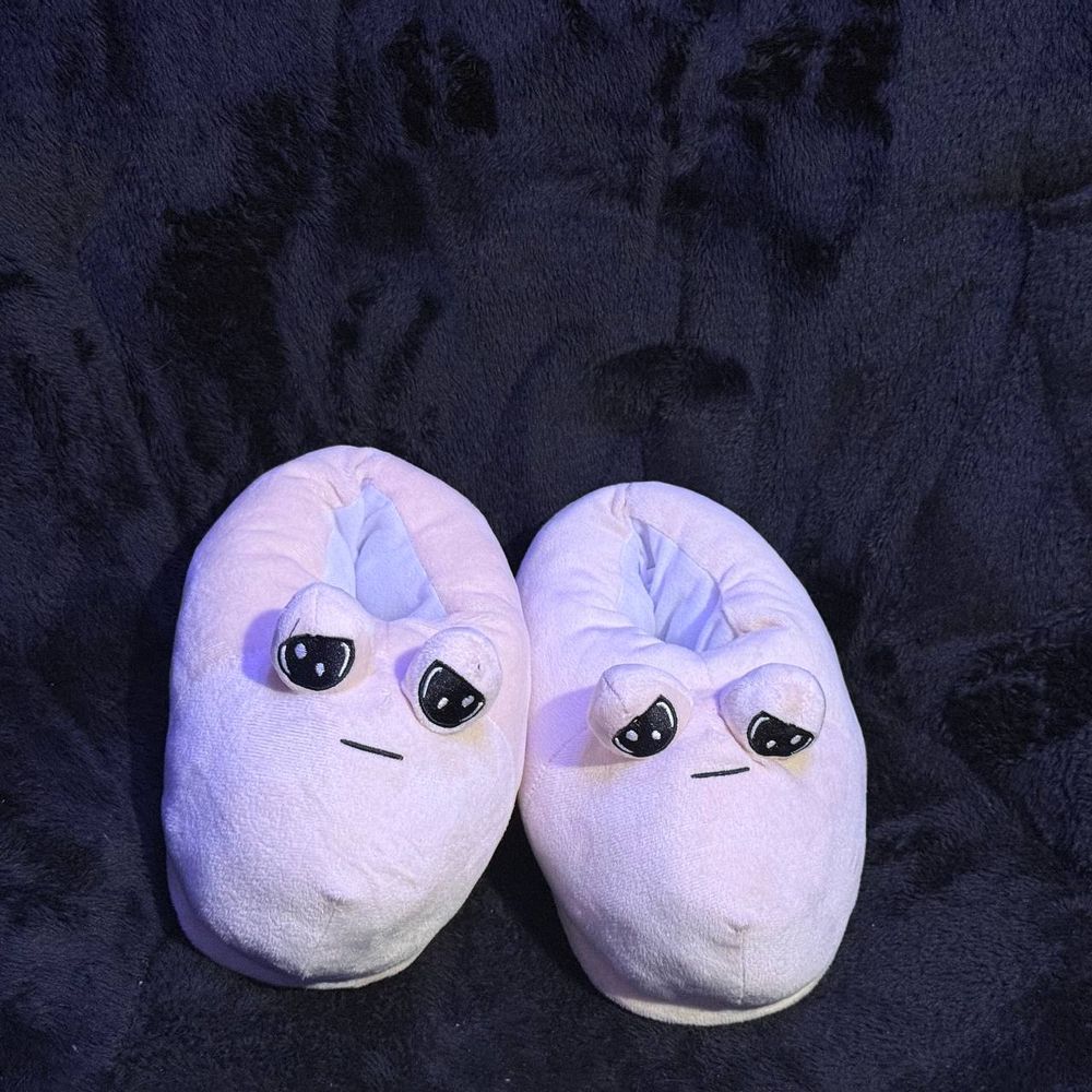 Pou shoes facing the camera with a dark background behind.
They're big plush slippers with the characteristic pou expression and eyes.