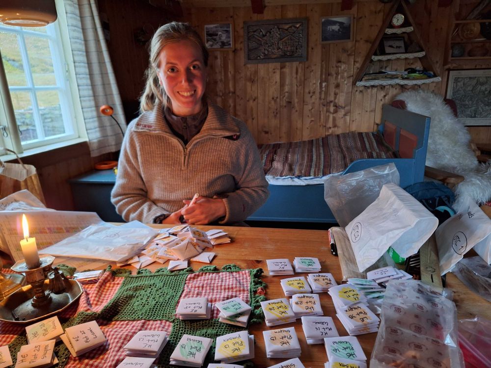 Msc student Silje Steine has her ducks in a row! 😉. She is sitting at a table sorting many many little bags into neat stacks, in a candle-lit mountain cabin. The bags contain seeds to be sown as part of a field experiment. 