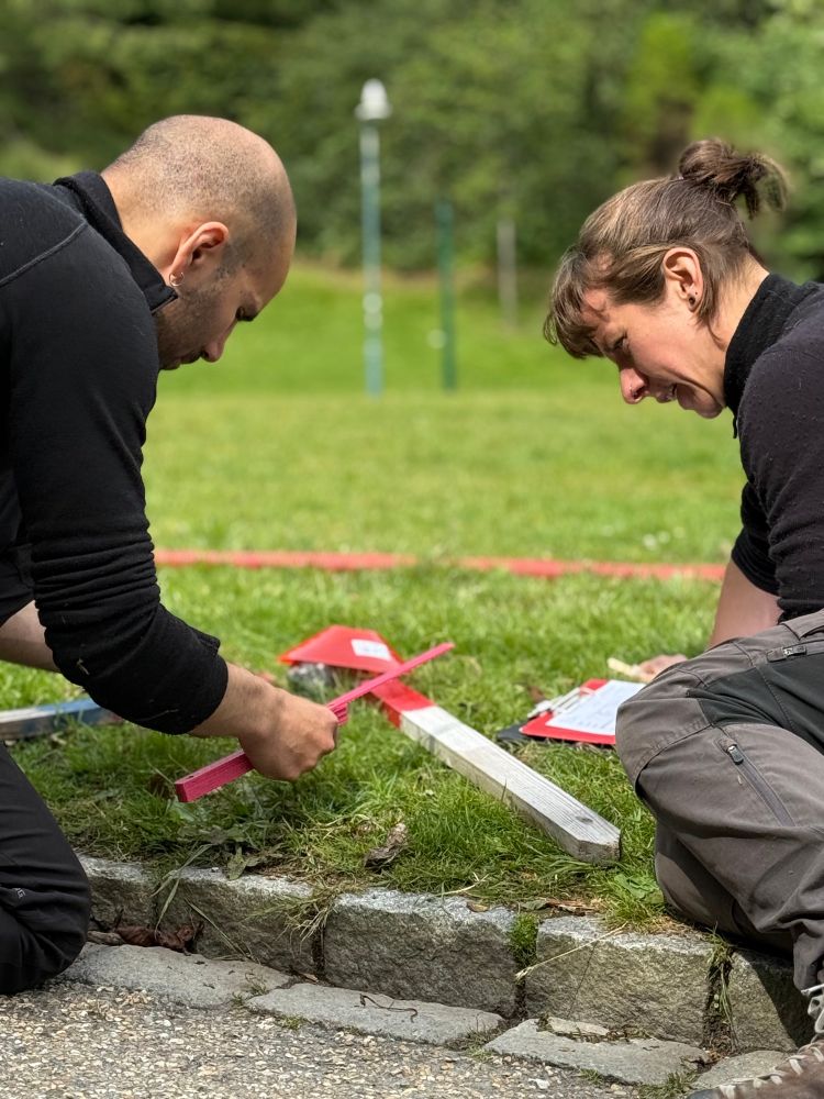 PhD student Hanif Kawousi and lab manager Dagmar Egelkraut eagerly messuring traits of plants …. sitting on a lawn in a park roadside curb,… 