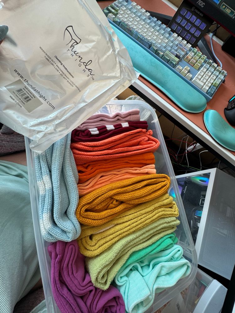 Photo of a small organizer tub filled with an assortment of thigh highs in rainbow order. Pink, red, coral, orange, peach, mustard, yellow, green, teal, cyan, blue, and purple. 