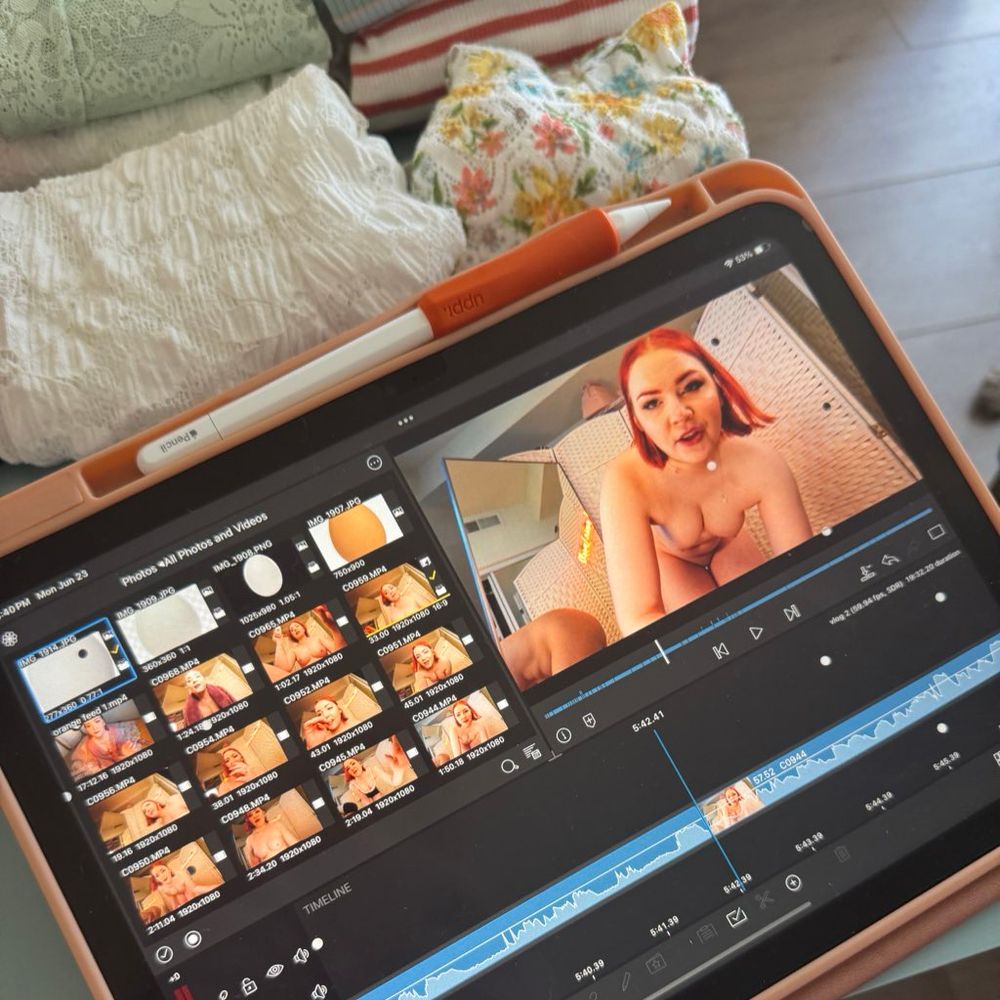 photo of some folded clothes and an iPad with a video editor on screen. there’s a preview of a nude Lanie leaning over the camera.

there’s also pictures of eggs. do not question the eggs.