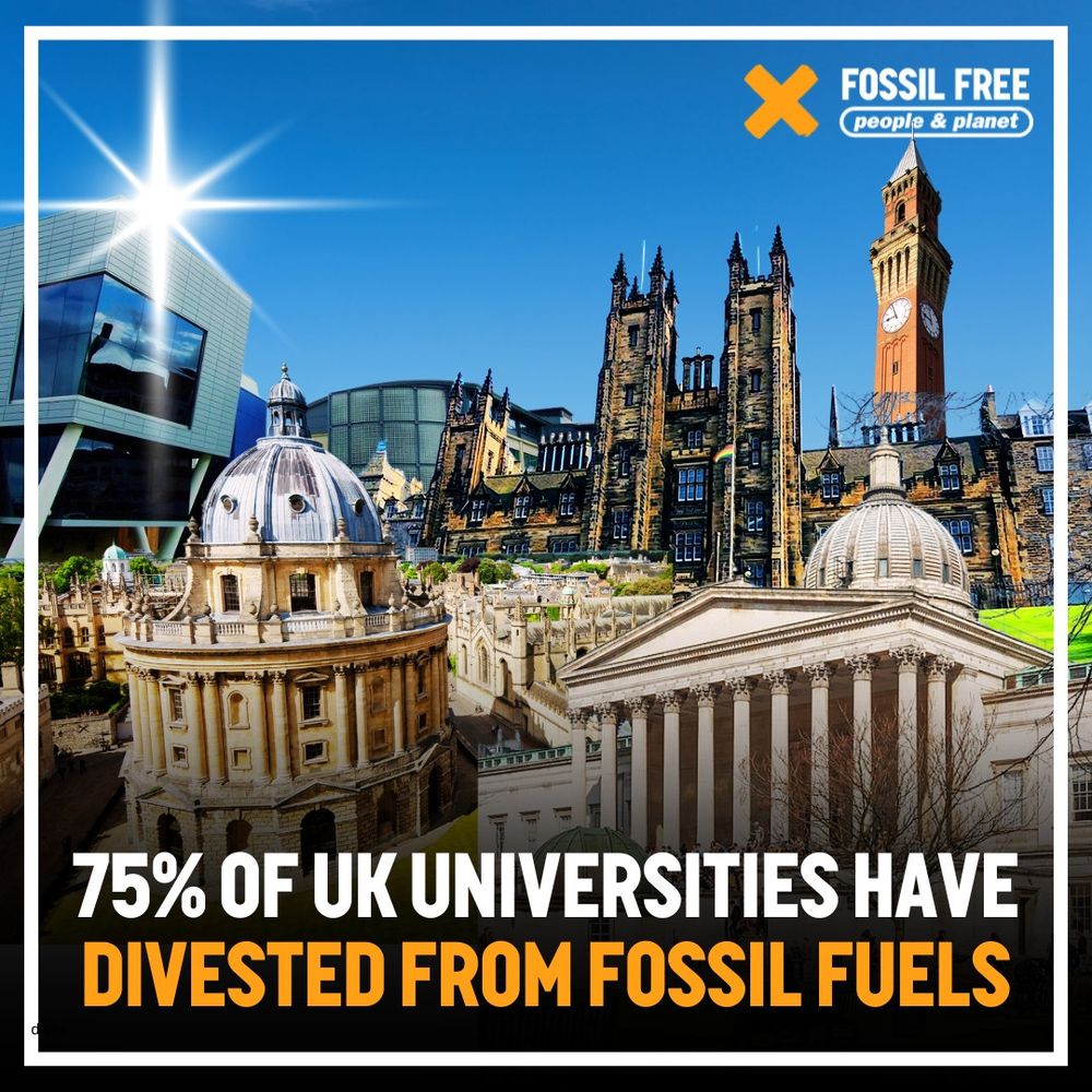 Composite image of UK university buildings with caption 75% of UK Universities have divested from Fossil Fuels