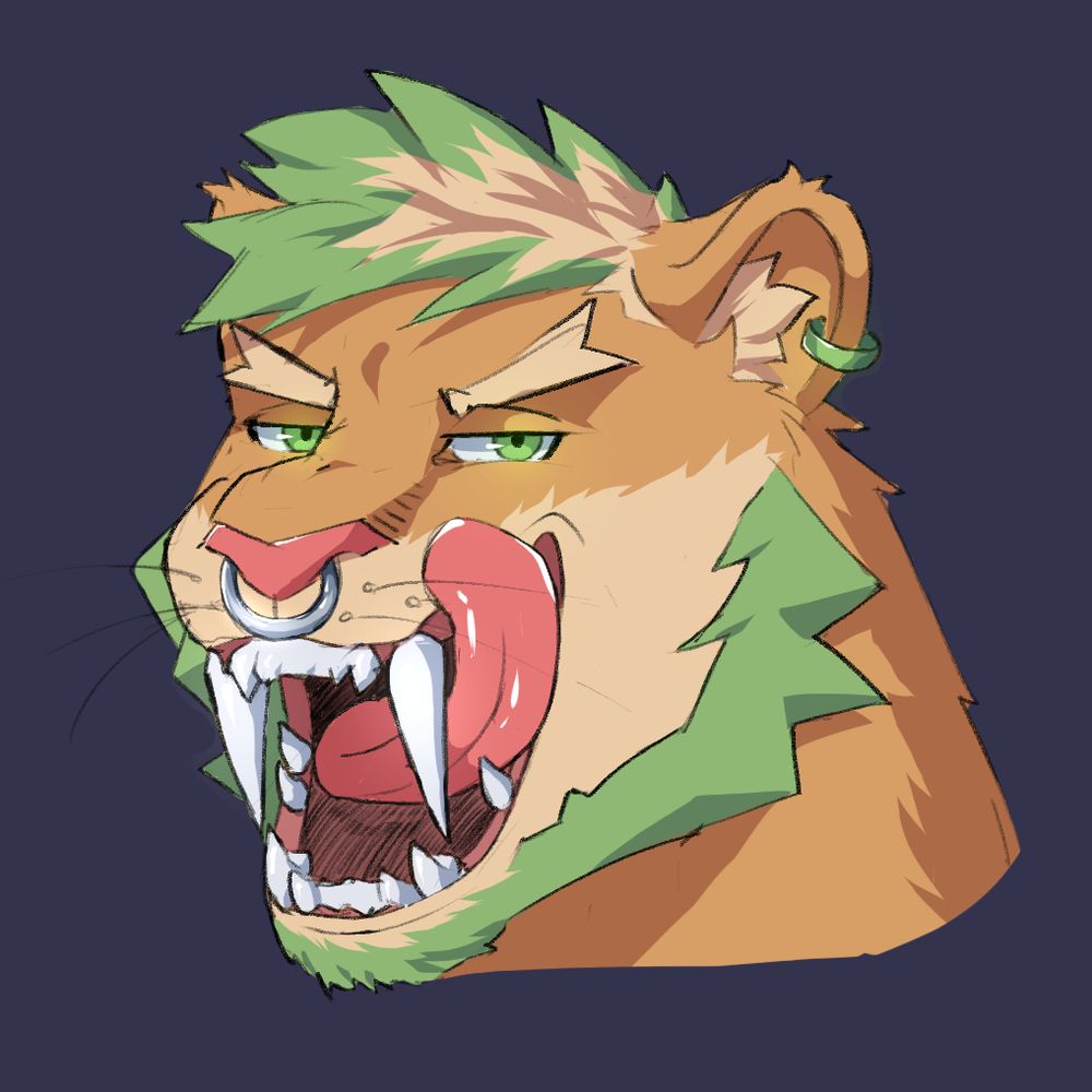 my sona, a saber cat with green hair, licking his lips and baring his large fangs