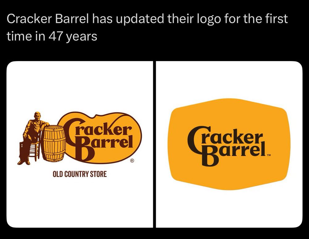 The text reads “Cracker Barrel has updated their logo for the first time in 47 years”, and the images show the old logo, and the new, simpler one. 