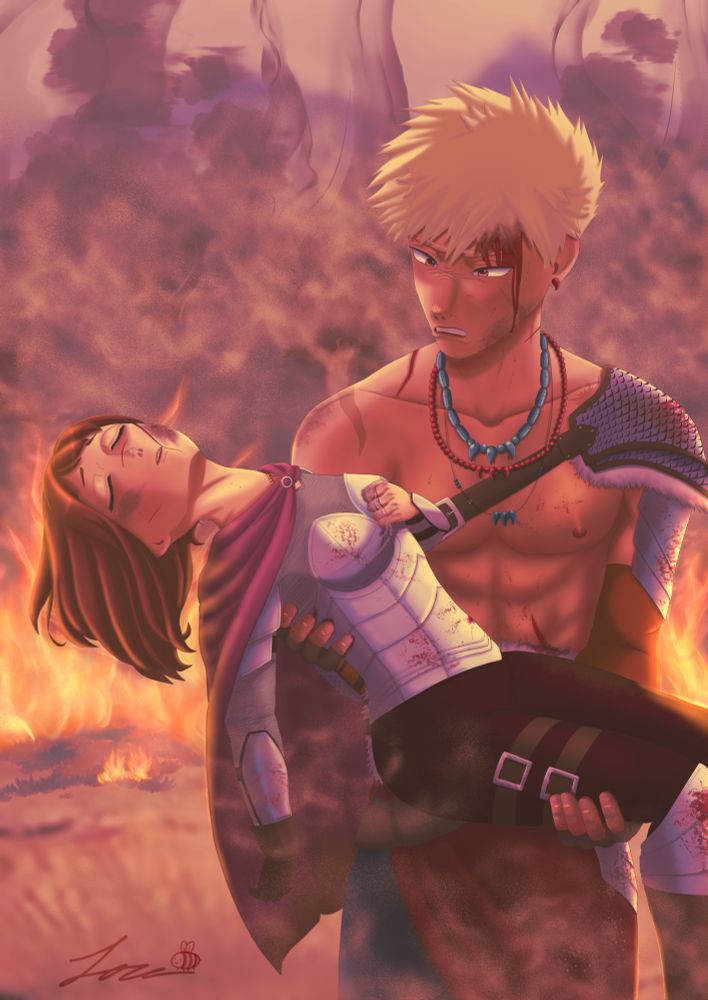 Fantasy AU Katsuki holding an unconscious Ochako in the midst of a blazing battleground. Both are beaten and bloody. Ochako grasps a ring on a chain around her fingers