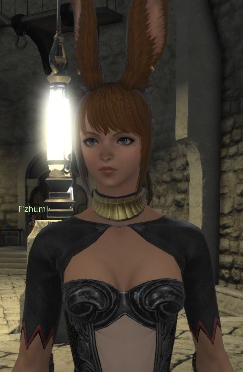Vrus Hoftir, a Viera arcanist with brown hair and ear fur. She has a red jewel pressed into her forehead.
