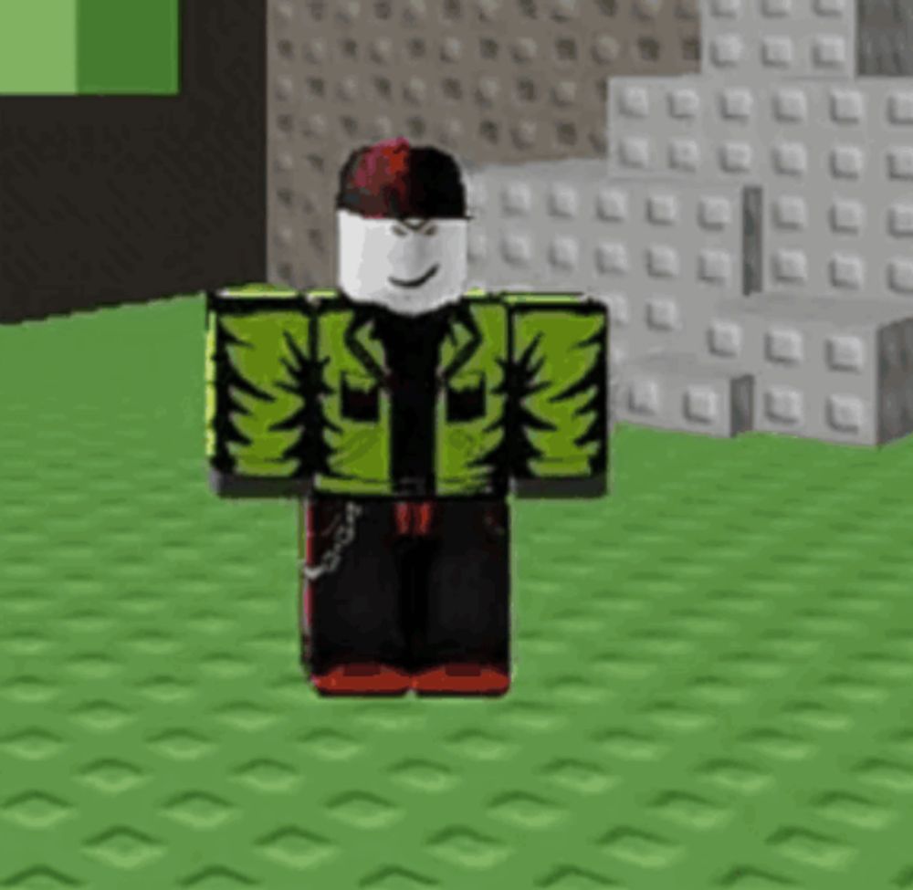 a roblox character is dancing on the grass in front of a building .