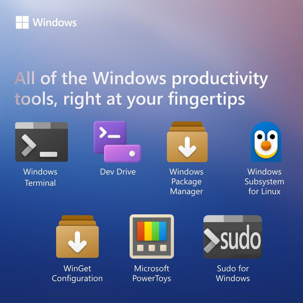 Icons for Windows developer tools, including Terminal, WSL, Sudo, PowerToys.