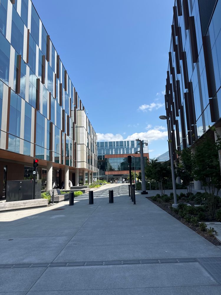 Blue skies over the shiny new campus buildings of Microsoft HQ in Redmond. 