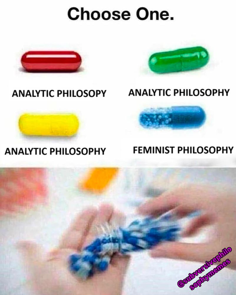 Meme that shows 4 pill options. 3 read “analytic philosophy”, the 4th one reads “feminist philosophy”. A whole bottle of the latter is then taken