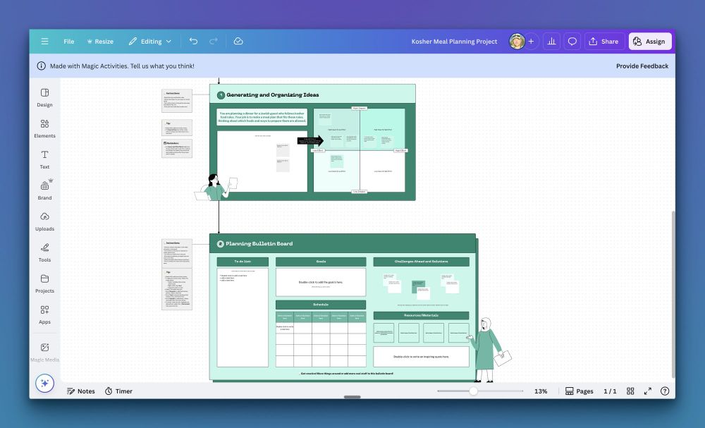 After trying out @canva 's new Magic Activities here is what I'm seeing:

--> teachers can get a student activity from a prompt based on grade, subject, and learning purpose

--> Canva creates either a doc or a whiteboard

--> Generic content gets plugged in

--> Cool design elements, detail