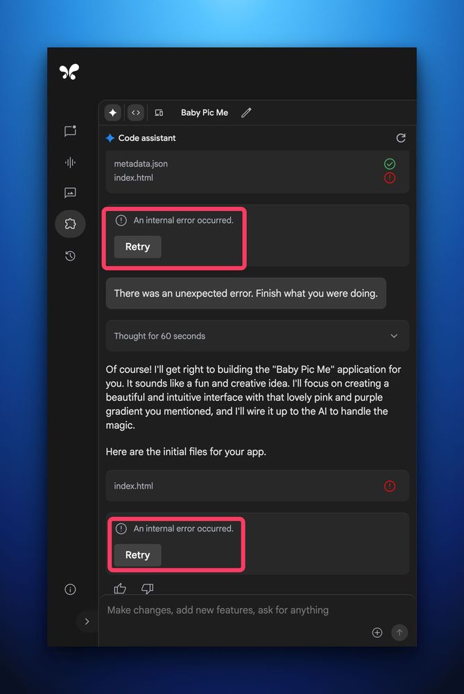 AI Studio by @google has some awesome features, all of which are free

Creating apps is not one of them. Error after error