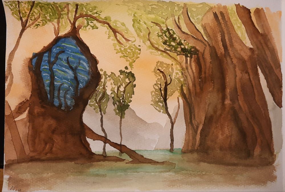 watercolour painting of a swamp in Rak'tika Greatwood in FFXIV, a series of trees over shallow water, one of which has a large blue crystal embedded in it