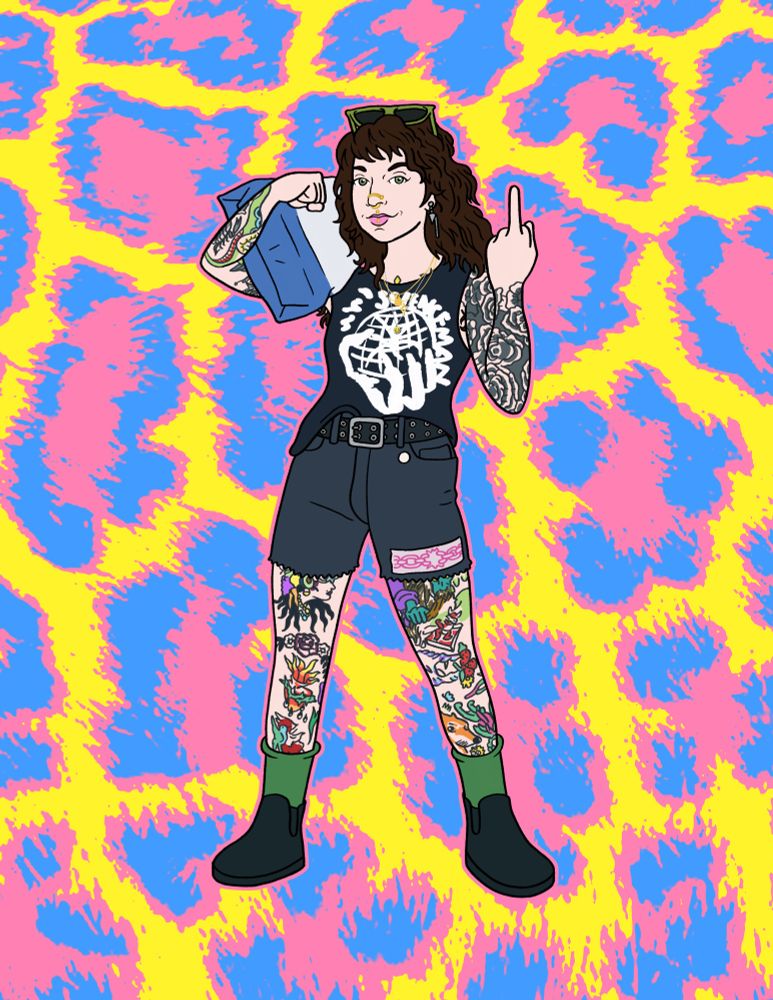 illustration of podgie holding up a middle finger with one hand and holding a large dog food bag above their shoulder with the other—on top of a blue, pink, and yellow cheetah print background 